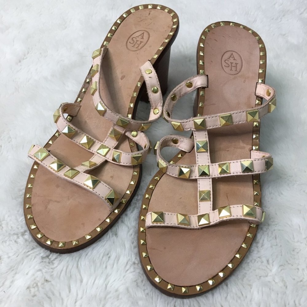 ASH Women’s Nude and Gold Leather Studded Block Heel Sandals Size 38